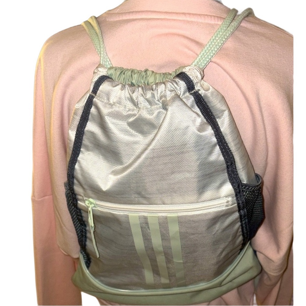 NWOT Adidas Stylish Silver and Mint Drawstring Backpack- grey lime green